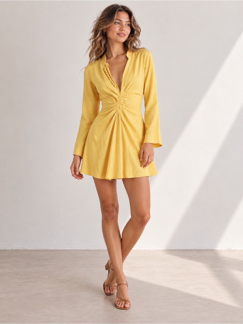 Sandro Paris Yellow Long-Sleeve Twist Front Dress
